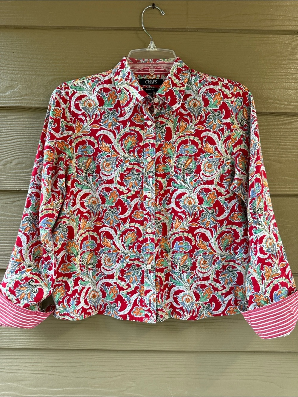 Chaps Women's Floral Paisley Cotton No-Iron 3/4 Sleeve Button Shirt Blouse Sz MP